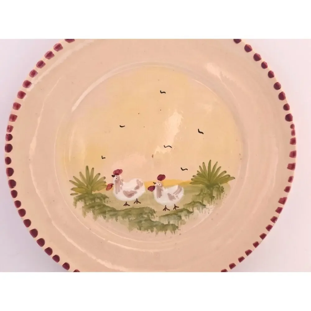 Vintage Handmade Hand Painted Art Pottery Plates Set 2 Raised Sheep Chicken Farm